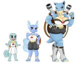  anthro big_breasts blastoise blue_body bottomwear breasts brown_eyes cannon clothing dress female generation_1_pokemon group hi_res huge_breasts nintendo pokemon pokemon_(species) ranged_weapon red_eyes shell shirt shorts simple_background squirtle tail topwear trio urusee584 wartortle weapon white_background 