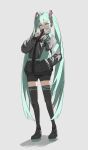  1girl absurdres ahoge alternate_costume aqua_eyes aqua_hair black_footwear black_jacket black_shorts boots character_name covered_mouth full_body grey_background hair_between_eyes hair_ornament hand_in_pocket hand_up hatsune_miku headphones high_collar highres in_(in_0907) jacket long_hair long_sleeves looking_at_viewer shadow shorts sidelighting simple_background solo standing thigh_boots v very_long_hair vocaloid 