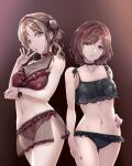  2girls arm_under_breasts bikini black_choker black_nails black_ribbon bracelet breasts brown_background brown_eyes brown_hair choker cleavage finger_to_mouth floral_print frilled_bikini frills hair_bun hair_ribbon hand_on_own_ass hand_on_own_thigh hand_up hi-ho- highres higuchi_madoka ichikawa_hinana idolmaster idolmaster_shiny_colors jewelry long_hair looking_at_viewer multiple_girls navel neck_ribbon parted_bangs purple_nails red_bikini red_choker ribbon sarong see-through_sarong see-through_swimsuit simple_background single_side_bun standing swimsuit 