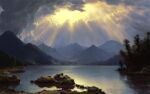  absurdres cloud cloudy_sky day forest glowing grass highres hill lake landscape light_rays mountain mountainous_horizon nature no_humans original outdoors philipp_urlich plant reflection reflective_water rock rural scenery signature sky sunbeam sunlight tree water 