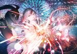  4girls absurdres aerial_fireworks azur_lane bare_shoulders barefoot bob_cut double_bun fireworks floating_hair hair_bun highres holding_fireworks l&#039;indomptable_(azur_lane) le_malin_(azur_lane) le_terrible_(azur_lane) le_triomphant_(azur_lane) long_hair looking_at_another looking_at_viewer multicolored_hair multiple_girls nishikikope official_art open_mouth red_hair reflection short_hair sitting smile standing streaked_hair very_long_hair water white_hair 