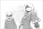  2b_(nier:automata) 9s_(nier:automata) adeptus_mechanicus blindfold choker cosplay crossover greyscale lowres lutherniel monochrome nier:automata nier_(series) purity_seal robe titan warhammer_40k 