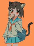  1girl animal_ear_fluff animal_ears bag blue_sailor_collar blue_skirt blunt_bangs brown_hair cat_ears cat_girl cat_tail cowboy_shot flat_chest food food_in_mouth fried_egg highres holding_strap long_sleeves looking_at_viewer medium_hair miniskirt mouth_hold neckerchief orange_background orange_eyes orange_neckerchief original pleated_skirt sailor_collar sailor_shirt school_bag school_uniform serafuku shirt shoulder_bag simple_background skirt solo standing tail toast toast_in_mouth umipi white_shirt 