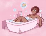  1girl air_bubble bath bathing bathtub bindi breasts brown_eyes bubble closed_mouth commentary completely_nude crossed_legs dark-skinned_female dark_skin dev_(sam_&amp;_fuzzy) english_commentary fish looking_at_another medium_breasts nude original pink_background sam_&amp;_fuzzy sam_logan short_hair smile solo toon_(style) very_dark_skin water 