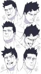  1boy beard_stubble boku_no_hero_academia cropped_head disgust emoji endeavor_(boku_no_hero_academia) expression_chart expressions facial_hair frown furrowed_brow greyscale head_tilt heart heart-shaped_eyes highres light_blush looking_ahead looking_to_the_side male_focus mature_male monochrome mustache_stubble pout reference_inset sanpaku sashimi92708329 scar scar_across_eye short_hair sideburns sideburns_stubble spiked_hair spot_color stubble tearing_up thick_eyebrows tongue tongue_out v-shaped_eyebrows 