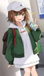  1girl :d backpack bag baseball_cap blush brown_hair cellphone commentary_request drawstring fang feet_out_of_frame green_eyes green_jacket hair_between_eyes hand_up haru_(kuzuyu) hat highres holding holding_phone hood hood_down hoodie indoors jacket komori_kuzuyu long_sleeves looking_at_viewer notice_lines open_clothes open_jacket original phone puffy_long_sleeves puffy_sleeves sleeves_past_wrists smile solo v white_headwear white_hoodie 