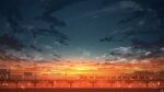  chinese_commentary cityscape cloud commentary_request gradient_sky ground_vehicle highres light_particles no_humans original outdoors power_lines rune_xiao scenery signature sky star_(sky) starry_sky still_life sunset train 