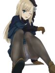  1girl ;d ass bangs black_headwear blonde_hair blue_capelet blue_jacket brown_footwear brown_gloves brown_pantyhose capelet fate_(series) flower fur-trimmed_jacket fur_collar fur_trim gloves grey_flower hair_flower hair_ornament highres jacket knees_up long_hair lord_el-melloi_ii_case_files nomanota one_eye_closed panties panties_under_pantyhose pantyhose reines_el-melloi_archisorte shiny_skin shoes simple_background smile solo underwear white_background 