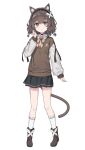  1girl absurdres animal_ear_fluff animal_ears arm_cutout black_footwear black_hairband black_skirt boots brown_hair brown_sweater_vest cat_ears cat_girl cat_tail collared_shirt commentary grey_eyes hairband highres kurioshi_fio long_sleeves miniskirt original puffy_long_sleeves puffy_sleeves revision satou_(3366_s) shirt simple_background skirt smile socks solo sweater_vest tail white_background white_shirt white_socks 