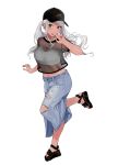  1girl breasts cleavage crop_top dark_skin gaming_harem hat hatsuzuru_ayaka leg_up looking_at_viewer nail_polish navel sandals sasamori_tomoe see-through solo stomach tongue tongue_out twintails white_background white_hair 