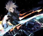  1boy armor black_gloves blonde_hair buster_sword closed_mouth cloud_strife cofffee final_fantasy final_fantasy_vii final_fantasy_vii_remake gloves holding holding_sword holding_weapon huge_weapon male_focus pauldrons ribbed_sweater shoulder_armor single_bare_shoulder sleeveless sleeveless_turtleneck solo spiked_hair sweater sword turtleneck turtleneck_sweater vambraces weapon 