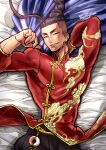  1boy absurdres black_hair black_pants braid dated earrings english_commentary highres jamie_siu jewelry long_hair male_focus muscular muscular_male official_alternate_costume on_bed pants shinji_(metal-chan) smile solo street_fighter street_fighter_6 thick_eyebrows 