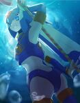  1girl android armpits ass back blue_eyes blurry blurry_background blurry_foreground bubble clenched_teeth depth_of_field gloves helmet holding holding_polearm holding_weapon lemon_inu leviathan_(mega_man) looking_at_viewer looking_to_the_side mega_man_(series) mega_man_x_(series) mega_man_x_dive mega_man_zero_(series) polearm robot robot_girl smile solo spear sunlight teeth thighhighs underwater water water_drop watermark weapon white_gloves 