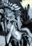 1girl abyssal_ship breasts cane closed_mouth gloves glowing glowing_eye hair_between_eyes hat holding holding_cane kantai_collection long_hair looking_at_viewer monochrome monster navel pale_skin pantyhose solo spot_color tentacles turret urushi_academy wo-class_aircraft_carrier yellow_eyes 