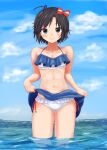  1girl abs absurdres antenna_hair bikini black_eyes black_hair blue_bikini blue_skirt blue_sky blush bow breasts cleavage closed_mouth clothes_lift cloud cloudy_sky collarbone commentary cowboy_shot day frilled_bikini frills hair_bow highres horizon idolmaster idolmaster_(classic) kikuchi_makoto lifted_by_self looking_at_viewer navel ocean outdoors partially_submerged popoko red_bow short_hair skirt skirt_lift sky small_breasts smile solo standing straight-on swimsuit tomboy toned two-tone_bikini wading water white_bikini 