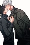  black_hair black_jacket black_pants blue_eyes blush buttons clothes_grab eye_contact fushiguro_megumi fushirun_rung gojou_satoru green_eyes height_difference high_collar highres imminent_kiss jacket jujutsu_kaisen korean_commentary long_sleeves looking_at_another male_focus open_mouth pants school_uniform short_hair simple_background spiked_hair teeth tongue tongue_out white_background white_hair yaoi 
