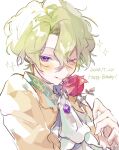  1boy 2023 ascot blush collared_shirt commentary_request daifugo_happy dated ensemble_stars! flower happy_birthday highres holding holding_flower jacket light_green_hair long_sleeves male_focus one_eye_closed orange_jacket purple_eyes purple_shirt red_flower red_rose rose shirt smile solo sparkle teeth tomoe_hiyori white_ascot white_background 
