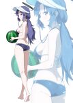  1girl absurdres alternate_costume alternate_hairstyle ass ball beachball bikini black_bikini blue_archive breasts full_body halo highres holding holding_ball holding_beachball large_breasts long_hair looking_at_viewer low_twintails makicha_(sasurainopink) mouth_hold purple_eyes purple_hair sideboob simple_background solo swimsuit twintails visor_cap watermelon_beachball whistle white_background yuuka_(blue_archive) zoom_layer 