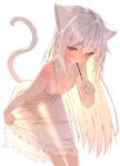  1girl animal_ears blush breasts cat_ears cat_tail dress food hair_between_eyes highres long_hair looking_at_viewer original pocky red_eyes see-through_silhouette shiro_youduki simple_background small_breasts solo tail very_long_hair white_background white_dress white_hair 