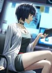  1girl bare_legs belt black_dress black_hair blurry blurry_background bob_cut breasts chair choker clipboard crossed_legs dress fagi_(kakikaki) from_side highres holding holding_clipboard indoors jewelry monitor necklace office office_chair open_labcoat parted_lips persona persona_5 red_belt red_eyes red_nails short_dress short_hair sitting solo studded_choker swivel_chair takemi_tae thighs x-ray_film 
