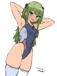  1girl :d armpits arms_behind_head baba_arumi blush competition_swimsuit covered_navel green_eyes green_hair groin long_hair looking_at_viewer one-piece_swimsuit open_mouth original simple_background smile solo swimsuit thighhighs white_background white_thighhighs 