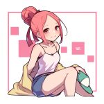  1girl blue_shorts bow breasts dated hair_bow hair_bun highres long_hair looking_at_viewer medium_breasts off_shoulder original pink_eyes pink_hair red_bow shorts single_hair_bun sitting smile umenodo 