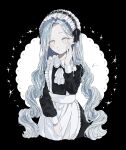  1girl absurdres apron ascot black_dress blue_eyes dress expressionless frilled_hairband frills grey_eyes hairband highres long_hair long_sleeves looking_to_the_side maid original solo two-tone_background upper_body very_long_hair white_apron yuge_kemuri 