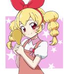  1girl aikatsu! aikatsu!_(series) apron blonde_hair bow closed_mouth collared_shirt food fruit hair_bow hairband highres holding holding_spoon hoshimiya_ichigo kousuke0912 long_hair looking_at_viewer pink_apron pink_bow puffy_short_sleeves puffy_sleeves red_bow red_eyes red_hairband shirt short_sleeves smile solo spoon star_(symbol) strawberry twintails upper_body white_shirt wooden_spoon 
