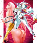  1girl absurdres artist_name ass breasts closed_mouth completely_nude darling_in_the_franxx erde00 falling_petals fingernails floating_hair green_eyes hairband highres horns lance large_breasts long_fingernails long_hair looking_to_the_side looking_up mecha nipples nude open_hand open_mouth petals pillarboxed pink_hair polearm profile red_horns robot science_fiction single_horn strelizia teeth upper_teeth_only very_long_hair weapon white_hairband yellow_eyes zero_two_(darling_in_the_franxx) 