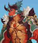  1boy abs absurdres another_eidos-r atmos_(another_eidos) bara black_claws blue_background blue_hair body_markings chest_jewel claws dragon_boy dragon_horns fangs furry furry_male highres horns ko_shushu looking_at_viewer pectorals red_eyes 
