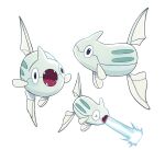  &gt;_&lt; animal_focus black_eyes blurry chirosamu closed_eyes commentary_request fangs fish highres korean_commentary multiple_views no_humans pokemon pokemon_(creature) remoraid simple_background tongue water white_background 