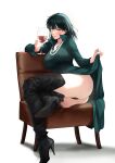  1girl ass black_footwear black_panties blunt_bangs blush boots breasts closed_mouth clothes_lift commentary commission crossed_legs cup dress dress_lift drinking_glass earrings fubuki_(one-punch_man) full_body green_dress green_eyes green_hair high_heel_boots high_heels highres holding holding_cup jewelry large_breasts long_sleeves looking_at_viewer necklace on_chair one-punch_man panties pearl_necklace popped_collar short_hair sitting solo spykeee teardrop_earring thigh_boots thighs twitter_username underwear white_background wine_glass yokozuwari 