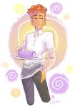 1boy 2017 atomicmangomom black_pants blush cake closed_mouth english_commentary food hand_on_own_hip highres holding holding_food icing lars_barriga looking_to_the_side male_focus orange_hair pants see-through see-through_shirt see-through_sleeves shirt signature spiral steven_universe white_background white_shirt 