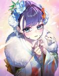  1girl absurdres blue_eyes boros_(ouro_kronii) floral_print flower ghdwid hair_flower hair_ornament highres hololive hololive_english japanese_clothes kimono light_blush looking_at_viewer ouro_kronii purple_hair solo upper_body virtual_youtuber wavy_mouth yukata 