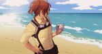  1girl aquiline_nose breasts brown_hair cloud commentary conch goggles goggles_around_neck hand_on_own_hip hange_zoe hanpetos holding ocean ponytail shingeki_no_kyojin sky sleeves_rolled_up small_breasts solo upper_body 