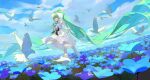  animal aqua_eyes bird black_ribbon blue_flower bow cloud cloudy_sky colorful dress elbow_gloves field flower flower_field gloves guguzi hair_bow hatsune_miku highres holding holding_flower looking_at_viewer ribbon sky solo standing twintails vocaloid white_bow white_dress white_gloves 