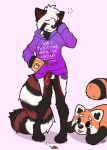 2023 ailurid anthro beverage black_body black_fur bottomless clothed clothing coffee container cup ddgio digital_media_(artwork) erection eyes_closed fur genitals head_tuft hi_res holding_container holding_cup holding_object male mammal penis red_body red_fur red_panda red_penis standing text_on_t-shirt tired tuft white_body white_fur 