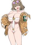  1girl absurdres ahoge anis_(nikke) anis_(sparkling_summer)_(nikke) areola_slip bare_shoulders bikini blush breasts brown_eyes brown_hair can cleavage covered_nipples eyewear_on_head goddess_of_victory:_nikke hand_on_own_hip highres holding holding_can jacket jewelry large_breasts necklace off_shoulder official_alternate_costume open_mouth orange_jacket partially_visible_vulva pink-tinted_eyewear ramanda short_hair simple_background smile solo sunglasses swimsuit tinted_eyewear white_background white_bikini 