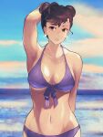  1girl arm_behind_back arm_behind_head bikini blue_sky breasts brown_eyes brown_hair chun-li cloud commentary_request cowboy_shot double_bun earrings front-tie_bikini_top front-tie_top hair_bun highres jewelry navel ocean outdoors short_hair signature sky solo street_fighter swimsuit water yuenibushi 