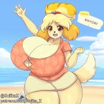  1:1 2023 5_fingers absurd_res aloha_shirt animal_crossing anthro beach big_breasts black_nose blue_sky bottomwear breasts brown_eyes canid canine canis cleavage clothed clothing cloud dialogue digital_media_(artwork) dipstick_tail domestic_dog english_text eyelashes female fingers gesture hi_res huge_breasts isabelle_(animal_crossing) mammal markings nintendo open_mouth pattern_clothing pattern_shirt pattern_topwear sand seaside shih_tzu shirt skirt sky solo suika-x tail tail_markings text thick_thighs topwear toy_dog url water waving waving_at_viewer 