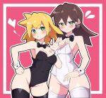  2girls absurdres bare_shoulders black_bow black_leotard black_thighhighs blonde_hair blush border bow bow_choker breasts brown_hair buzzlyears cleavage earrings green_eyes hair_between_eyes hand_on_own_hip heart highres jewelry leotard looking_at_viewer mega_man_(series) mega_man_legends multiple_girls outside_border parted_lips playboy_bunny roll_caskett_(mega_man) sweatdrop thighhighs tron_bonne_(mega_man) white_border white_leotard white_thighhighs wrist_cuffs 