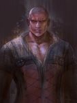  1boy beard facial_hair final_fantasy final_fantasy_xvi glowing grey_hair highres hugo_kupka large_pectorals looking_at_viewer male_focus mature_male muscular muscular_male open_collar pectorals shaved_head sideburns solo standing stubble thatfirstspark upper_body 