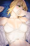  1girl artoria_pendragon_(fate) blonde_hair blush braid breasts camisole covering_face eyelashes fate/stay_night fate_(series) french_braid green_eyes lying on_back saber small_breasts solo tamamoice upper_body 