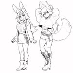  2girls animal_ears artist_name belt boots breasts crop_top fox_ears fox_girl fox_tail greyscale high_heel_boots high_heels highres jacket large_breasts monochrome multiple_girls navel open_clothes open_jacket original rabbit_ears rabbit_girl rob_ishi shoes skirt smile standing sweater_tucked_in tail torn_clothes torn_skirt 