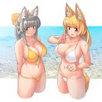  2girls animal_ear_fluff animal_ears arms_behind_back arukiru bare_arms bare_shoulders beach bikini blonde_hair blush bow breasts cleavage closed_mouth collarbone cropped_legs grey_hair groin hair_bow hand_up highres large_bow large_breasts light_blush long_hair looking_at_viewer multiple_girls navel open_mouth original outdoors outside_border ponytail pulled_by_self red_eyes sidelocks smile standing stomach strap_pull string_bikini swimsuit water white_bikini yellow_bikini yellow_bow yellow_eyes 