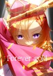 1girl absurdres animal_ears arm_up armor asymmetrical_bangs cape confetti covering_mouth crown diffraction_spikes ear_piercing english_text glint highres horse_ears long_sleeves looking_at_viewer orange_hair piercing pink_cape purple_eyes shirt shoulder_armor solo t.m._opera_o_(umamusume) umamusume umeumeduka upper_body white_shirt 