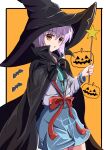  1girl absurdres bat_(animal) black_bow black_cloak black_headwear blue_sailor_collar blue_skirt border bow brown_eyes cloak commentary_request cowboy_shot eyes_visible_through_hair grey_hair hair_between_eyes halloween hand_up hat highres holding holding_wand jack-o&#039;-lantern long_sleeves looking_at_viewer miniskirt nagato_yuki orange_background parted_lips sailor_collar school_uniform serafuku shirt short_hair simple_background skirt solo standing suzumiya_haruhi_no_yuuutsu user_jvsy3778 wand white_border white_shirt witch_hat 