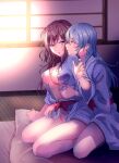  2girls aqua_hair bang_dream! breasts brown_hair cover cover_page doujin_cover futon green_eyes hikawa_sayo imai_lisa japanese_clothes kimono large_breasts light_rays looking_at_another multiple_girls open_clothes open_kimono panties sen&#039;yuu_yuuji thighs underwear waist_ribbon white_panties yuri 