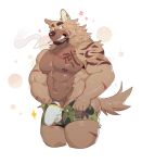  1boy abs absurdres animal_ears ass bad_id bad_weibo_id bara barbell_piercing blush brown_fur bulge camouflage camouflage_pants camouflage_shorts cigarette cock_ring cropped_legs dog_boy dog_ears dog_tail dressing eyebrow_cut facial_hair furry furry_male goatee grin happy_aura highres i&#039;ve_never_seen_a_guy_recreate_this_successfully_tbh_(meme) jockstrap large_bulge large_pectorals lveink male_focus male_underwear mature_male meme muscular muscular_male navel nipples open_clothes open_fly open_shorts original pants pants_lift pectorals penis penis_peek piercing scar scar_on_arm scar_on_chest scar_on_leg sex_toy short_hair shorts smile smirk smoking solo sparkle stomach tail thick_thighs thighs topless_male undersized_clothes underwear white_male_underwear 