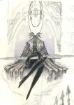  1other brooch cape creature crossed_arms grey_cape grey_ribbon groosebumps high_collar highres holding holding_sword holding_weapon hollow_knight horns jewelry looking_at_viewer no_humans no_mouth pure_vessel sitting sketch solo sword throne weapon 